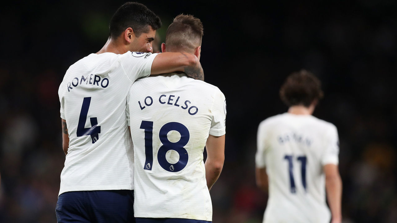 LONDON, ENGLAND - AUGUST 26: Giovani Lo Celso of Tottenham Hotspur celebrates with Cristian Romero after scoring their team's third goal during the UEFA Conference League Play-Offs Leg Two match between Tottenham Hotspur and Pacos de Ferreira at on August 26, 2021 in London, England.