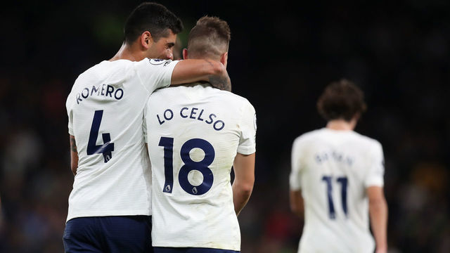 LONDON, ENGLAND - AUGUST 26: Giovani Lo Celso of Tottenham Hotspur celebrates with Cristian Romero after scoring their team's third goal during the UEFA Conference League Play-Offs Leg Two match between Tottenham Hotspur and Pacos de Ferreira at on August 26, 2021 in London, England.