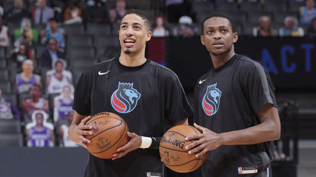SACRAMENTO, CA - APRIL 21: Tyrese Haliburton #0 and De'Aaron Fox #5 of the Sacramento Kings look on prior to the game against the Minnesota Timberwolves on April 21, 2021 at Golden 1 Center in Sacramento, California. NOTE TO USER: User expressly acknowledges and agrees that, by downloading and or using this photograph, User is consenting to the terms and conditions of the Getty Images Agreement. Mandatory Copyright Notice: Copyright 2021 NBAE