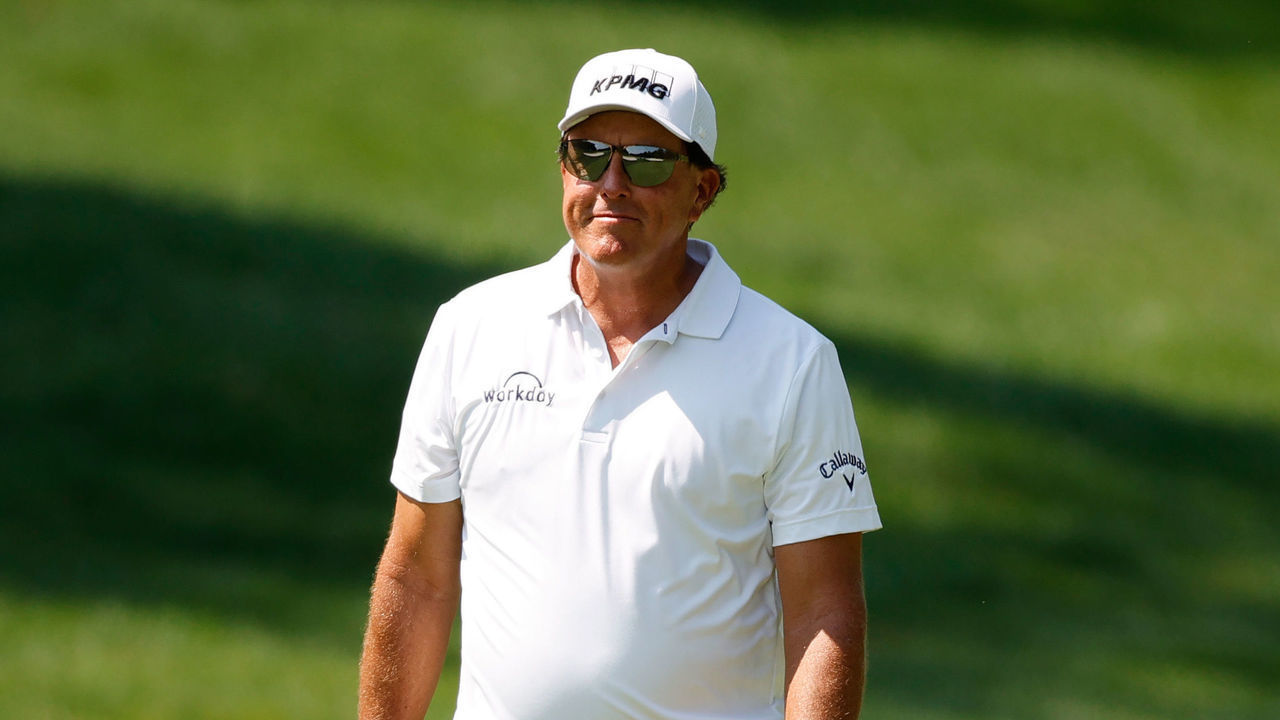 OWINGS MILLS, MARYLAND - AUGUST 26: Phil Mickelson of the United States walks on the first hole during the first round of the BMW Championship at Caves Valley Golf Club on August 26, 2021 in Owings Mills, Maryland.