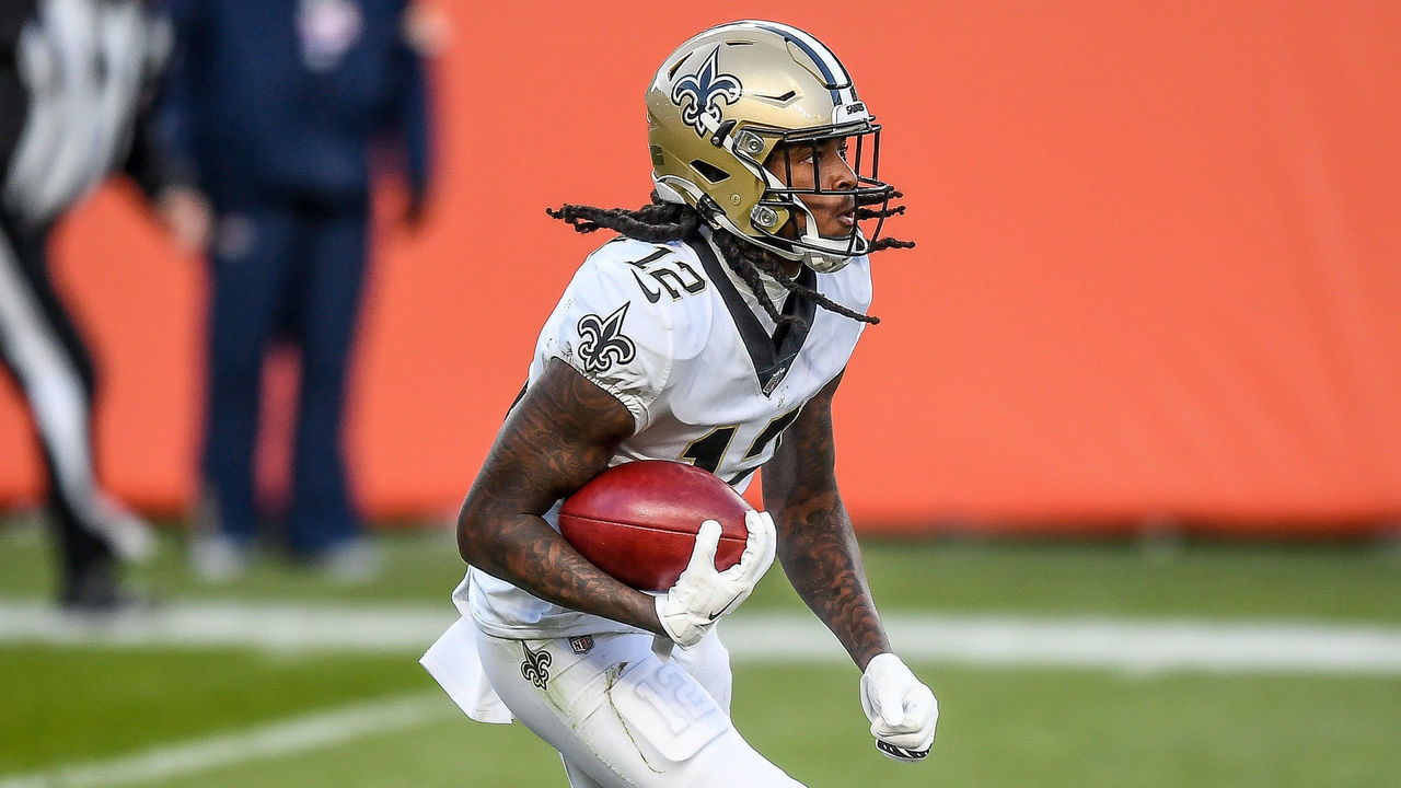 DENVER, CO - NOVEMBER 29: New Orleans Saints wide receiver Marquez Callaway (12) returns a punt during a game between the Denver Broncos and the New Orleans Saints at Empower Field at Mile High on November 29, 2020 in Denver, Colorado.