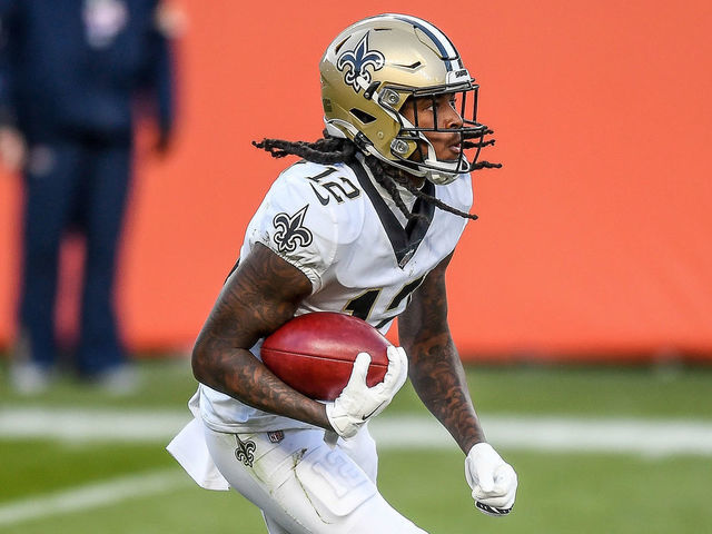 DENVER, CO - NOVEMBER 29: New Orleans Saints wide receiver Marquez Callaway (12) returns a punt during a game between the Denver Broncos and the New Orleans Saints at Empower Field at Mile High on November 29, 2020 in Denver, Colorado.