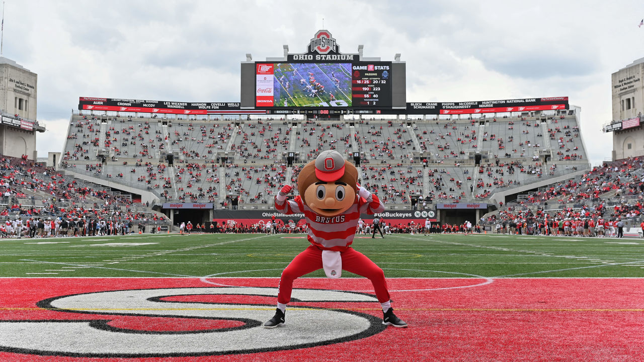 COLUMBUS, OH - APRIL 17: Ohio State Buckeyes mascot Brutus Buckeye performs for the crowd during the Spring Game at Ohio Stadium on April 17, 2021 in Columbus, Ohio.
