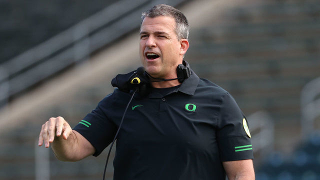 EUGENE, OREGON - MAY 01: Head Coach Mario Cristobal of the Oregon Ducks looks on in the first half during the Oregon spring game at Autzen Stadium on May 01, 2021 in Eugene, Oregon.