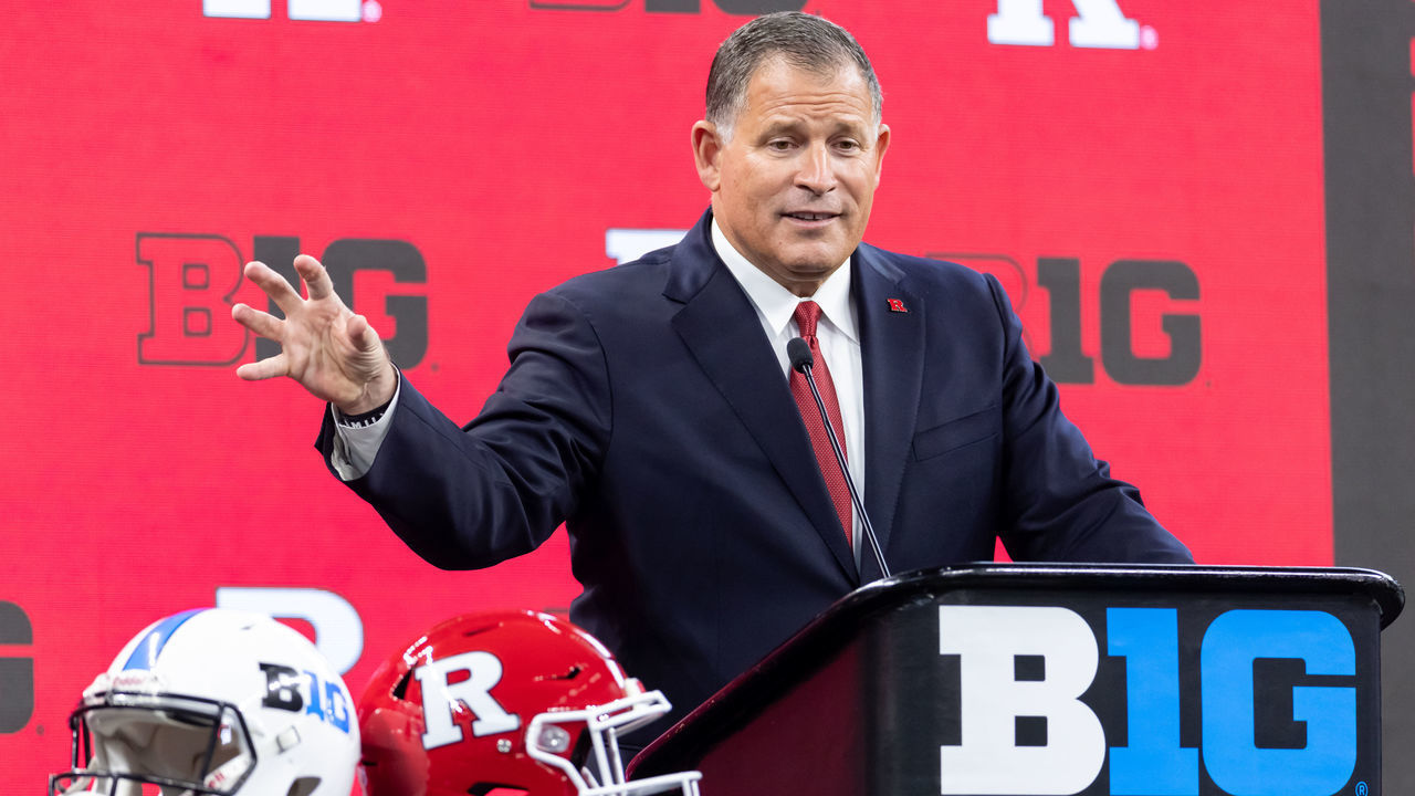 INDIANAPOLIS, IN - JULY 23: Greg Schiano, head coach of the Rutgers Scarlet Knights speaks during the Big Ten Football Media Days at Lucas Oil Stadium on July 23, 2021 in Indianapolis, Indiana.
