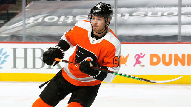 PHILADELPHIA, PA - MAY 10: Joel Farabee #86 of the Philadelphia Flyers skates against the New Jersey Devils at the Wells Fargo Center on May 10, 2021 in Philadelphia, Pennsylvania.
