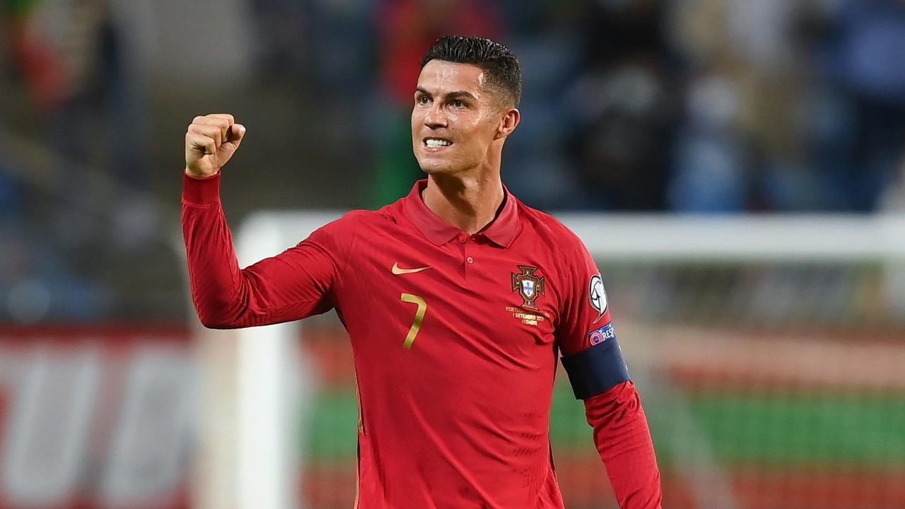 Faro , Portugal - 1 September 2021; Cristiano Ronaldo of Portugal celebrates following the FIFA World Cup 2022 qualifying group A match between Portugal and Republic of Ireland at Estádio Algarve in Faro, Portugal.