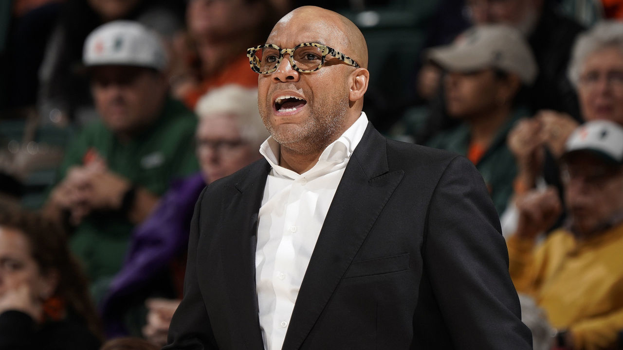CORAL GABLES, FL - JANUARY 18: Syracuse Head Coach Quentin Hillsman looks on during a women's college basketball game between the Syracuse University Orange and the University of Miami Hurricanes on January 18, 2017 at Watsco Center, Coral Gables, Florida. Miami defeated Syracuse 72-67.