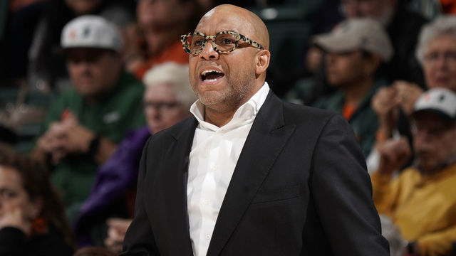 CORAL GABLES, FL - JANUARY 18: Syracuse Head Coach Quentin Hillsman looks on during a women's college basketball game between the Syracuse University Orange and the University of Miami Hurricanes on January 18, 2017 at Watsco Center, Coral Gables, Florida. Miami defeated Syracuse 72-67.