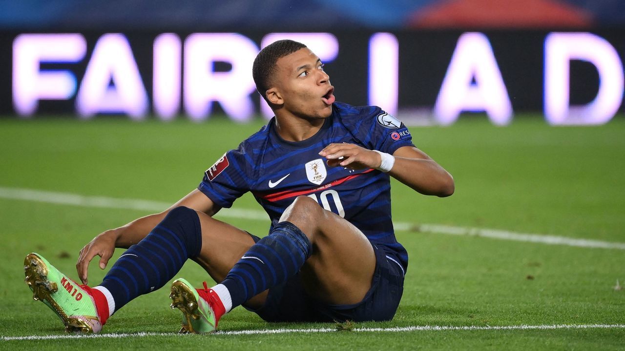 France's forward Kylian Mbappe reacts during the FIFA World Cup Qatar 2022 qualification Group D football match between France and Bosnia-Herzegovina, at the Meineau stadium in Strasbourg, eastern France, on September 1, 2021.