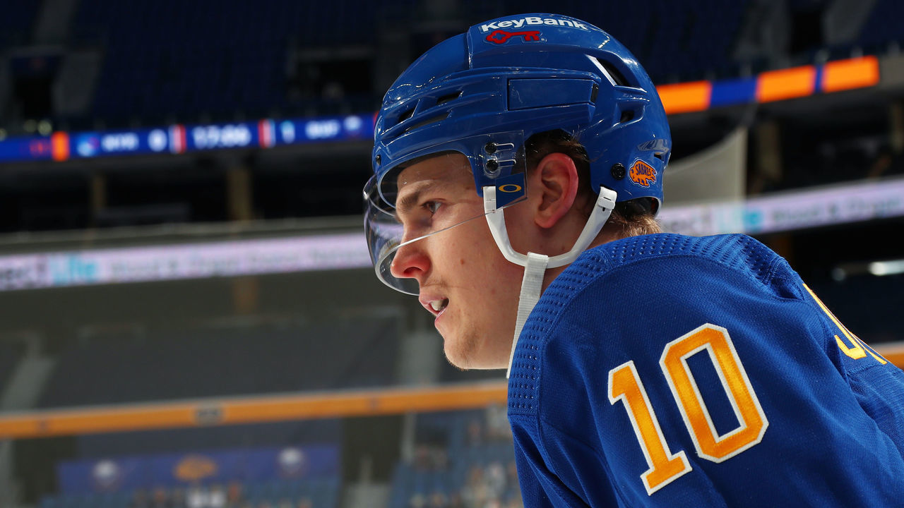 BUFFALO, NY - APRIL 1: Henri Jokiharju #10 of the Buffalo Sabres skates during an NHL game against the New York Rangers on April 1, 2021 at KeyBank Center in Buffalo, New York.