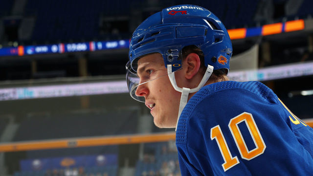 BUFFALO, NY - APRIL 1: Henri Jokiharju #10 of the Buffalo Sabres skates during an NHL game against the New York Rangers on April 1, 2021 at KeyBank Center in Buffalo, New York.