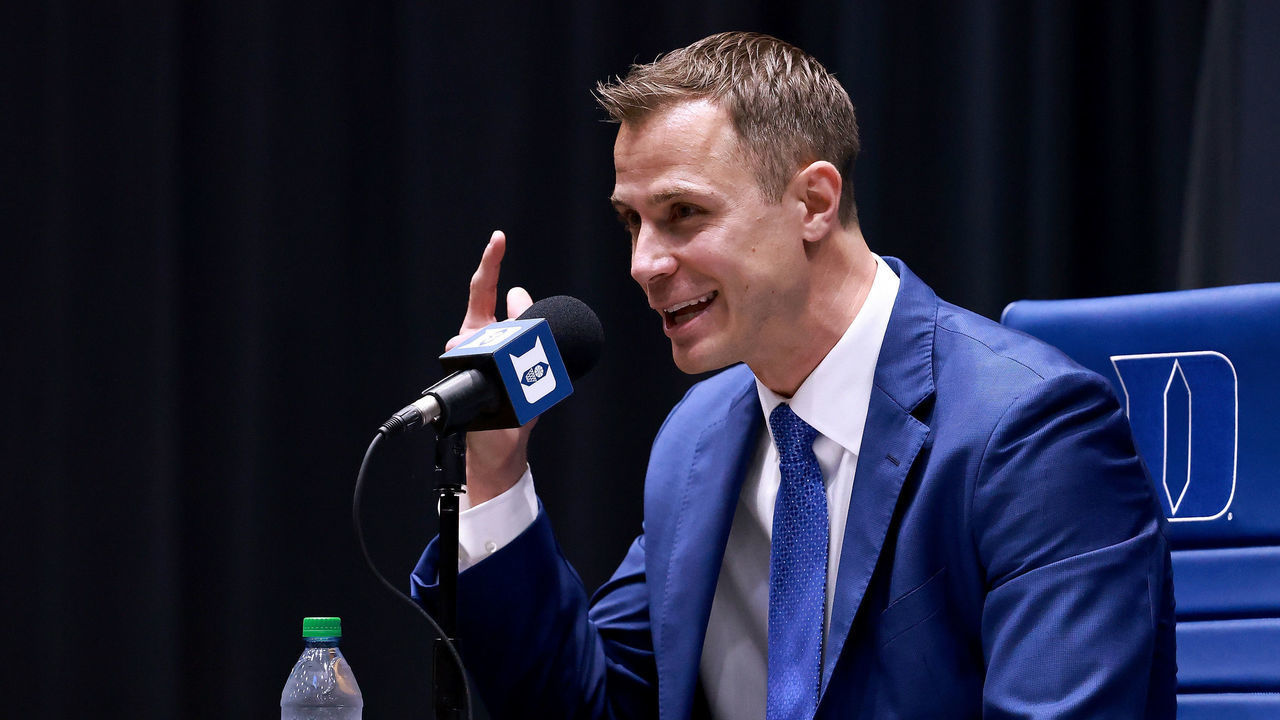 DURHAM, NORTH CAROLINA - JUNE 04: Jon Scheyer speaks after being named the 20th coach of the Duke Blue Devils during a press conference at Cameron Indoor Stadium on June 04, 2021 in Durham, North Carolina.