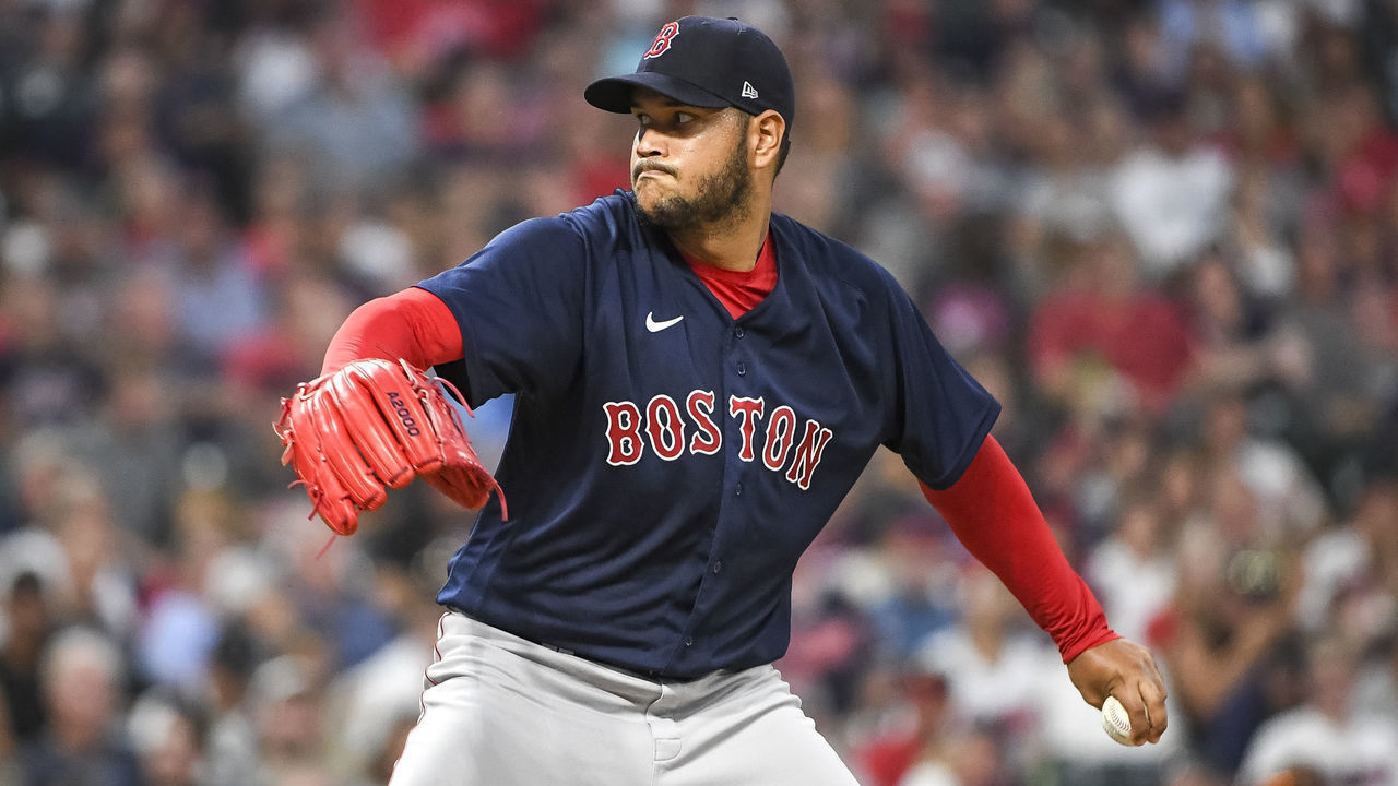 CLEVELAND, OHIO - AUGUST 27: Eduardo Rodriguez #57 of the Boston Red Sox delivers a pitch against the Cleveland Indians during the bottom of the fourth inning at Progressive Field on August 27, 2021 in Cleveland, Ohio.