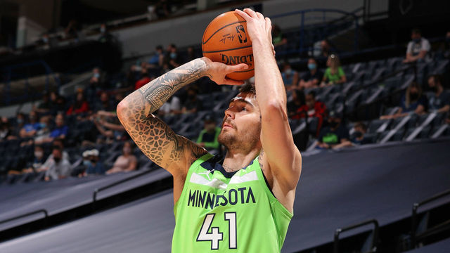 MINNEAPOLIS, MN - MAY 1: Juan Hernangomez #41 of the Minnesota Timberwolves shoots the ball against the New Orleans Pelicans on May 1, 2021 at Target Center in Minneapolis, Minnesota. Mandatory Copyright Notice: Copyright 2021 NBAE