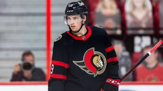 OTTAWA, ON - MAY 05: Ottawa Senators Right Wing Drake Batherson (19) after a whistle during first period National Hockey League action between the Montreal Canadiens and Ottawa Senators on May 5, 2021, at Canadian Tire Centre in Ottawa, ON, Canada.