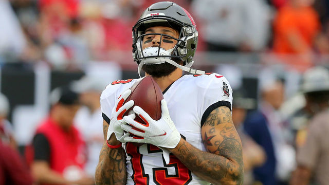 TAMPA, FL - AUGUST 14: Mike Evans (13) of the Buccaneers warms up before the preseason game between the Cincinnati Bengals and the Tampa Bay Buccaneers on August 14, 2021 at Raymond James Stadium in Tampa, Florida.