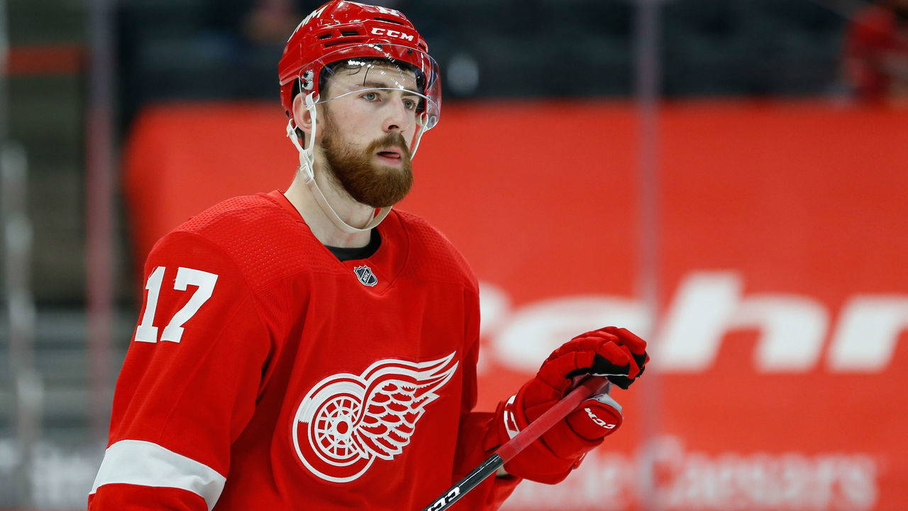 DETROIT, MI - MARCH 27: Detroit Red Wings defenseman Filip Hronek, of the Czech Republic, (17) looks on during a regular season NHL hockey game between the Columbus Blue Jackets and the Detroit Red Wings on March 27, 2021, at Little Caesars Arena in Detroit, Michigan.