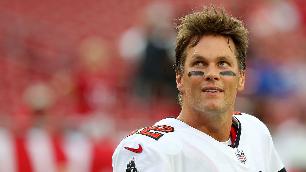 TAMPA, FL - AUGUST 14: Tom Brady (12) of the Bucs looks into the stands before the preseason game between the Cincinnati Bengals and the Tampa Bay Buccaneers on August 14, 2021 at Raymond James Stadium in Tampa, Florida.