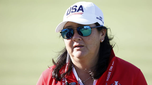 TOLEDO, OH - SEPTEMBER 02: USA captain Pat Hurst watches on the 10th tee during practice before the 2021 Solheim Cup on September 2, 2021 at Inverness Club inToledo, Ohio.