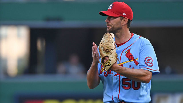 PITTSBURGH, PA - AUGUST 28: Adam Wainwright #50 of the St. Louis Cardinals applauds after a defensive play by Nolan Arenado #28 in the first inning during the game against the Pittsburgh Pirates at PNC Park on August 28, 2021 in Pittsburgh, Pennsylvania.