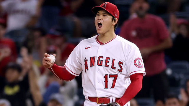 ANAHEIM, CALIFORNIA - SEPTEMBER 03: Shohei Ohtani #17 of the Los Angeles Angels reacts after the third out of the Texas Rangers to end the seventh inning at Angel Stadium of Anaheim on September 03, 2021 in Anaheim, California.
