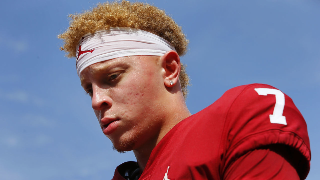 NORMAN, OK - SEPTEMBER 4: Quarterback Spencer Rattler #7 of the Oklahoma Sooners heads off the field before a game against the Tulane Green Wave at Gaylord Family Oklahoma Memorial Stadium on September 4, 2021 in Norman, Oklahoma.