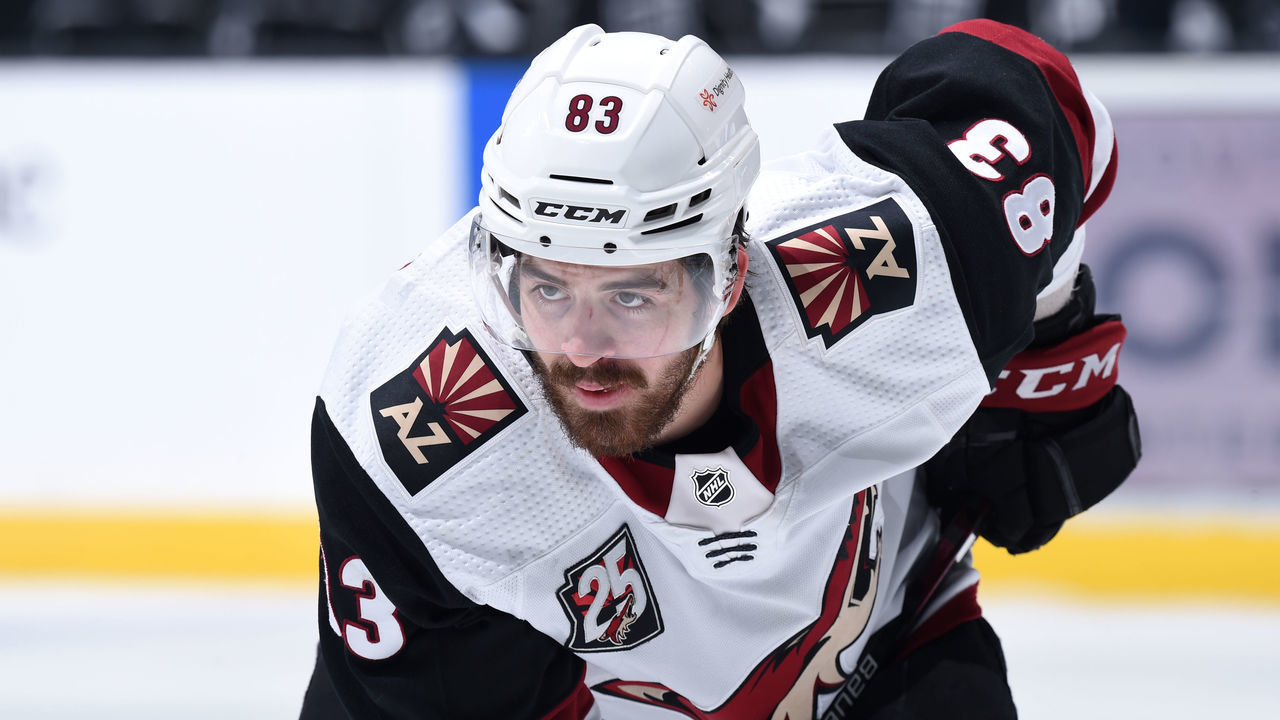 LOS ANGELES, CA - APRIL 5: Conor Garland #83 of the Arizona Coyotes looks on during the first period against the Los Angeles Kings at STAPLES Center on April 5, 2021 in Los Angeles, California.