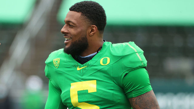 EUGENE, OREGON - MAY 01: Kayvon Thibodeaux #5 of the Oregon Ducks looks on in the third quarter during the Oregon spring game at Autzen Stadium on May 01, 2021 in Eugene, Oregon.
