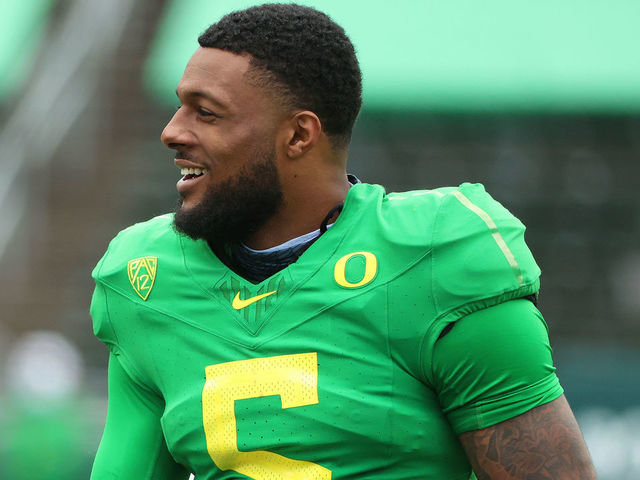EUGENE, OREGON - MAY 01: Kayvon Thibodeaux #5 of the Oregon Ducks looks on in the third quarter during the Oregon spring game at Autzen Stadium on May 01, 2021 in Eugene, Oregon.