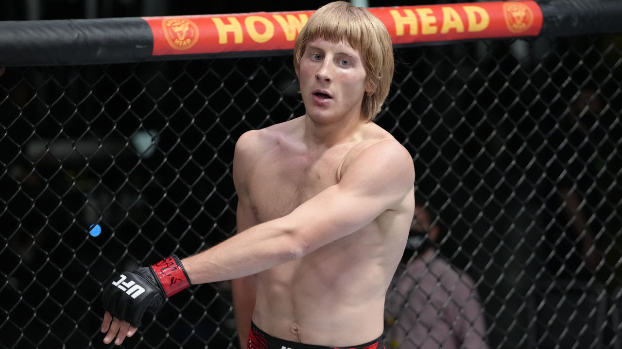 LAS VEGAS, NEVADA - SEPTEMBER 04: Paddy Pimblett of England reacts after knocking out Luigi Vendramini of Brazil in their lightweight fight during the UFC Fight Night event at UFC APEX on September 04, 2021 in Las Vegas, Nevada.