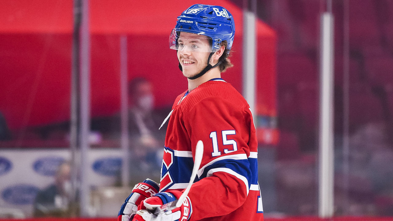 MONTREAL, QC - MAY 29: Look on Montreal Canadiens center Jesperi Kotkaniemi (15) at warm-up before the NHL Stanley Cup Playoffs first round game 6 between the Toronto Maple Leafs versus the Montreal Canadiens on May 29, 2021, at Bell Centre in Montreal, QC