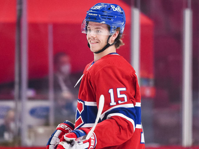 MONTREAL, QC - MAY 29: Look on Montreal Canadiens center Jesperi Kotkaniemi (15) at warm-up before the NHL Stanley Cup Playoffs first round game 6 between the Toronto Maple Leafs versus the Montreal Canadiens on May 29, 2021, at Bell Centre in Montreal, QC