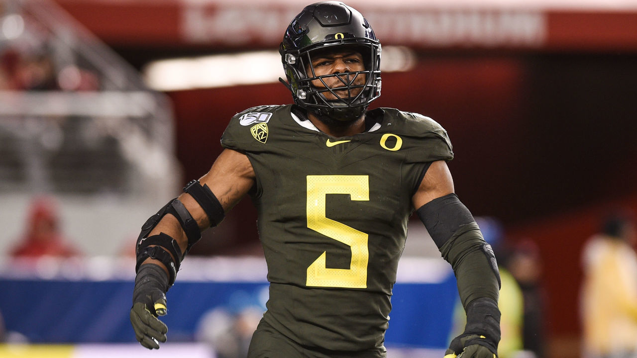 SANTA CLARA, CA - DECEMBER 06: Oregon Ducks defensive end Kayvon Thibodeaux (5) during the Pac-12 Football Championship Game between the Oregon Ducks and the Utah Utes at Levi's Stadium on December 6, 2019 in Santa Clara, CA.