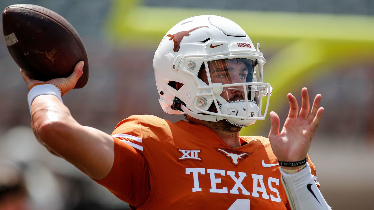 AUSTIN, TEXAS - SEPTEMBER 04: Hudson Card #1 of the Texas Longhorns warms up before the game against the Louisiana Ragin' Cajuns at Darrell K Royal-Texas Memorial Stadium on September 04, 2021 in Austin, Texas.