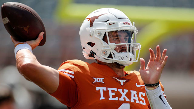 AUSTIN, TEXAS - SEPTEMBER 04: Hudson Card #1 of the Texas Longhorns warms up before the game against the Louisiana Ragin' Cajuns at Darrell K Royal-Texas Memorial Stadium on September 04, 2021 in Austin, Texas.