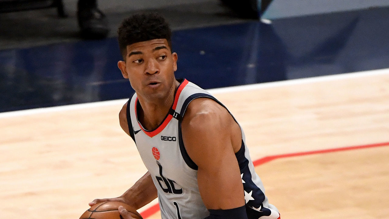 WASHINGTON, DC - MAY 20: Chandler Hutchison #1 of the Washington Wizards looks to pass against the Indiana Pacers during the first half at Capital One Arena on May 20, 2021 in Washington, DC.