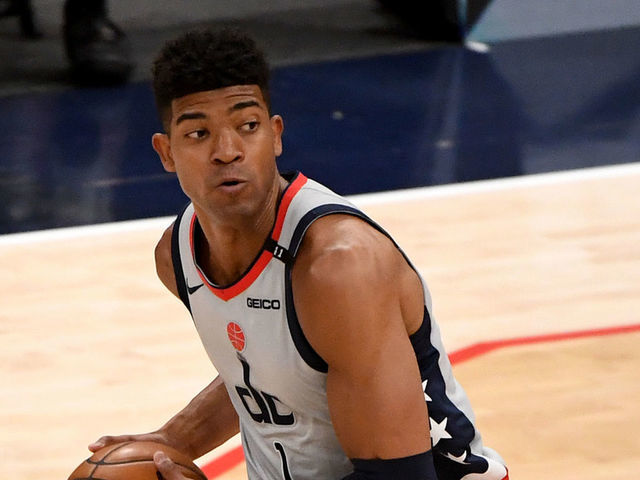 WASHINGTON, DC - MAY 20: Chandler Hutchison #1 of the Washington Wizards looks to pass against the Indiana Pacers during the first half at Capital One Arena on May 20, 2021 in Washington, DC.