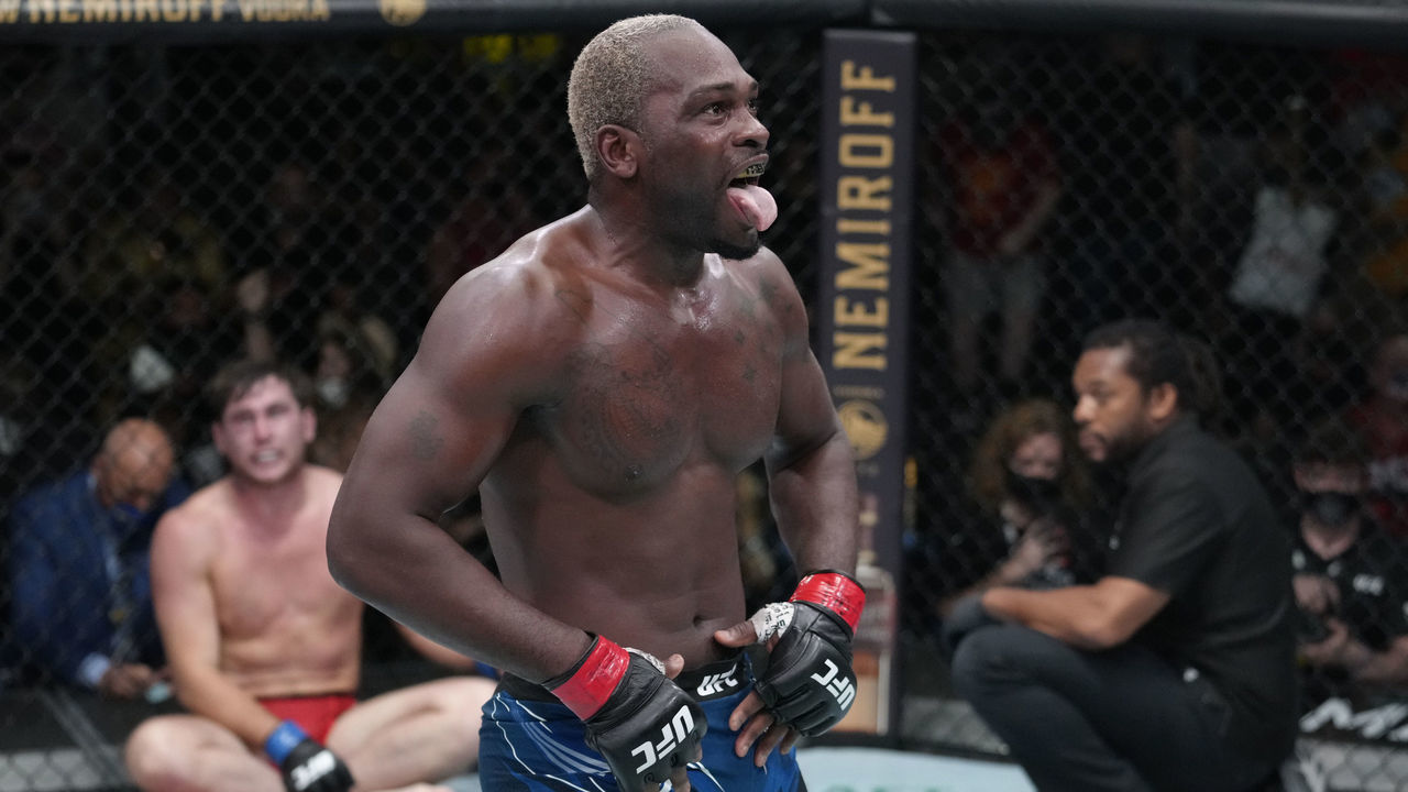 LAS VEGAS, NEVADA - SEPTEMBER 04: Derek Brunson reacts after his submission victory over Darren Till of England in their middleweight fight during the UFC Fight Night event at UFC APEX on September 04, 2021 in Las Vegas, Nevada.