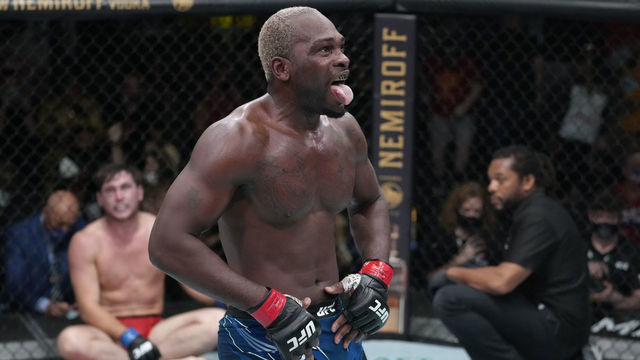 LAS VEGAS, NEVADA - SEPTEMBER 04: Derek Brunson reacts after his submission victory over Darren Till of England in their middleweight fight during the UFC Fight Night event at UFC APEX on September 04, 2021 in Las Vegas, Nevada.