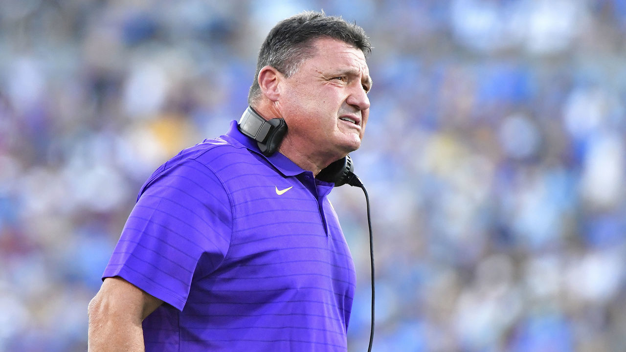 PASADENA, CA - SEPTEMBER 04: LSU head football coach Ed Orgeron works the sidelines during the first half against UCLA at the Rose Bowl in Pasadena on Saturday, Sept. 4, 2021. The UCLA Bruins host the LSU Tigers in a NCAA college football game at the Rose Bowl in Pasadena.