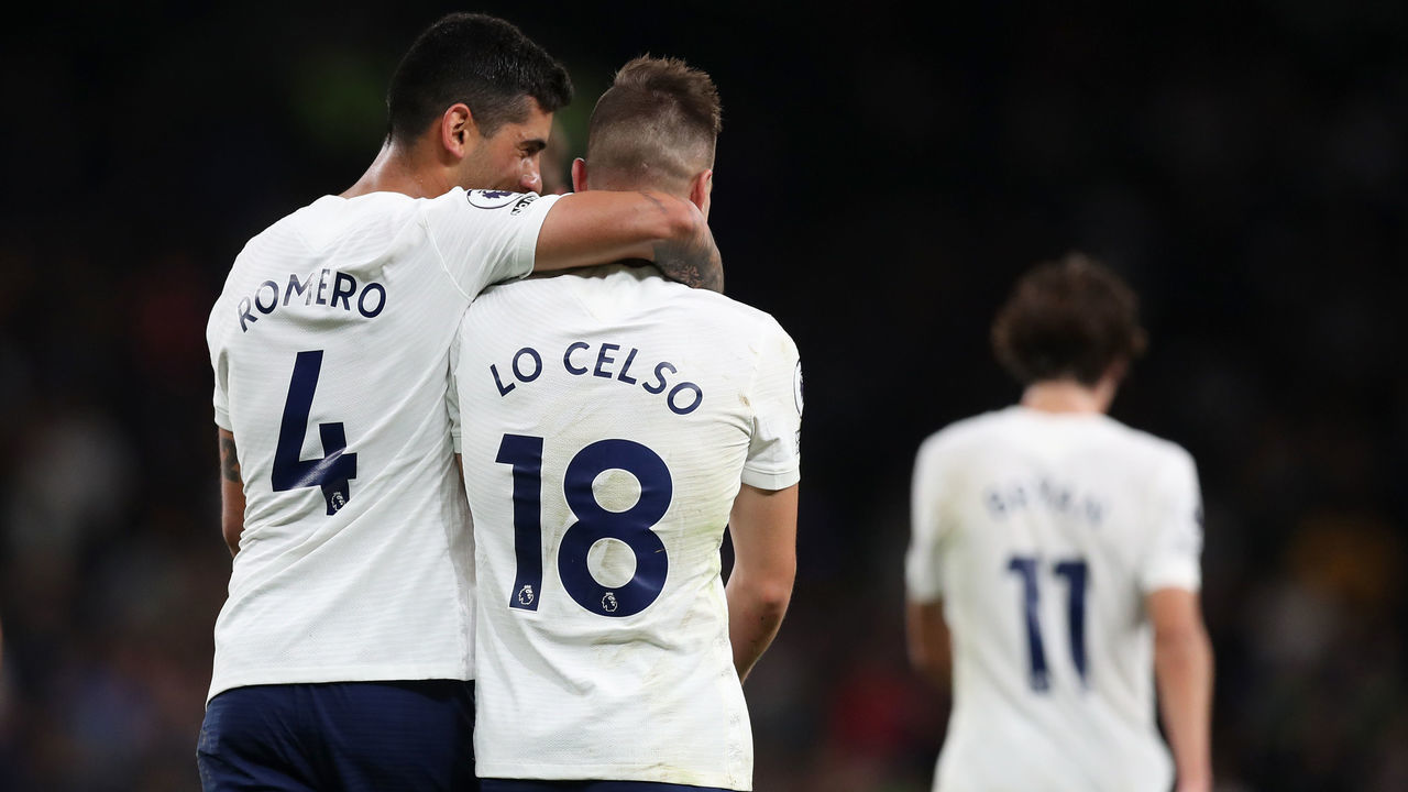 LONDON, ENGLAND - AUGUST 26: Giovani Lo Celso of Tottenham Hotspur celebrates with Cristian Romero after scoring their team's third goal during the UEFA Conference League Play-Offs Leg Two match between Tottenham Hotspur and Pacos de Ferreira at on August 26, 2021 in London, England.