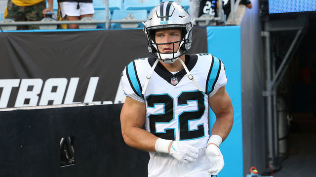 CHARLOTTE, NC - AUGUST 27: Christian McCaffery (22) running back of the Panthers during a NFL football game between the Pittsburg Steelers and the Carolina Panthers on August 27, 2021 at Bank of America Stadium in Charlotte, N.C.