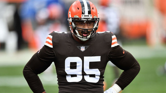 CLEVELAND, OH - NOVEMBER 15: Myles Garrett #95 of the Cleveland Browns warms up before a game against the Houston Texans at FirstEnergy Stadium on November 15, 2020 in Cleveland, Ohio.