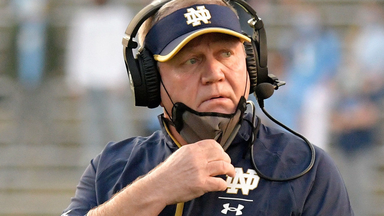 CHAPEL HILL, NORTH CAROLINA - NOVEMBER 27: Head coach Brian Kelly of the Notre Dame Fighting Irish looks on during the first half of the game against the North Carolina Tar Heels at Kenan Stadium on November 27, 2020 in Chapel Hill, North Carolina.