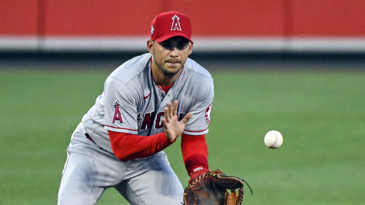 BALTIMORE, MD - AUGUST 25 Los Angeles Angels shortstop Jose Iglesias (4) fields a ground ball during the Los Angeles Angels game versus the Baltimore Orioles on August 25, 2021 at Orioles Park at Camden Yards, in Baltimore, MD.