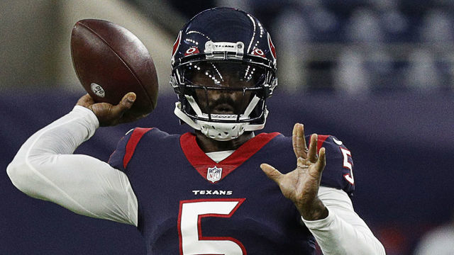HOUSTON, TEXAS - AUGUST 28: Tyrod Taylor #5 of the Houston Texans throws a pass as he rolls out on a bootleg during a NFL preseason game against the Tampa Bay Buccaneers at NRG Stadium on August 28, 2021 in Houston, Texas.