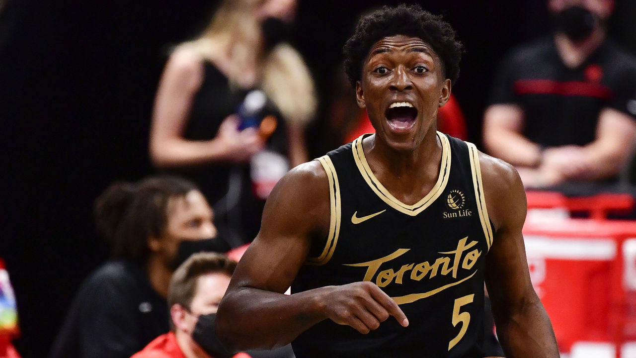 TAMPA, FLORIDA - MAY 06: Stanley Johnson #5 of the Toronto Raptors reacts during the third quarter against the Washington Wizards at Amalie Arena on May 06, 2021 in Tampa, Florida.