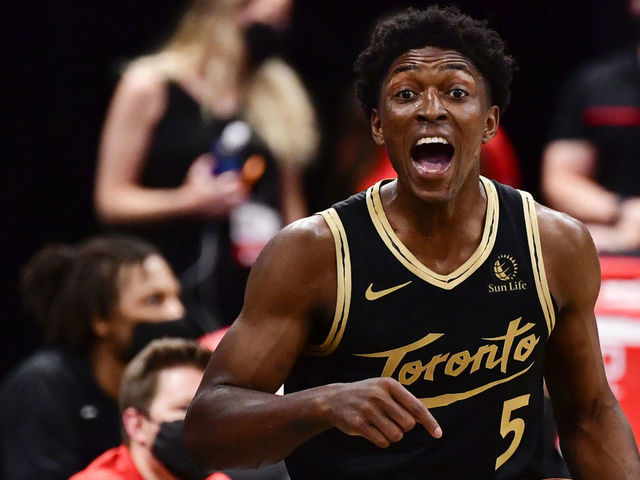 TAMPA, FLORIDA - MAY 06: Stanley Johnson #5 of the Toronto Raptors reacts during the third quarter against the Washington Wizards at Amalie Arena on May 06, 2021 in Tampa, Florida.