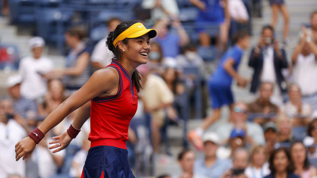 NEW YORK, NEW YORK - SEPTEMBER 06: Emma Raducanu of the United Kingdom celebrates match point against Shelby Rogers of the United States during her Women’s Singles round of 16 match on Day Eight of the 2021 US Open at the USTA Billie Jean King National Tennis Center on September 06, 2021 in the Flushing neighborhood of the Queens borough of New York City.